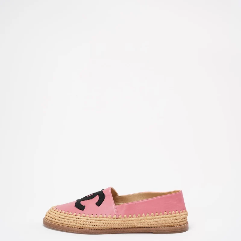 Chanel Pink / Schwarze CC Espadrille-Flats aus Lammleder, Größe 38