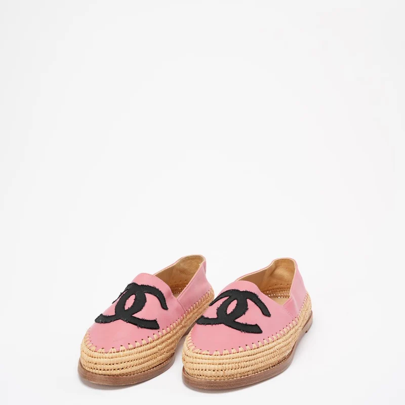 Chanel Pink / Schwarze CC Espadrille-Flats aus Lammleder, Größe 38