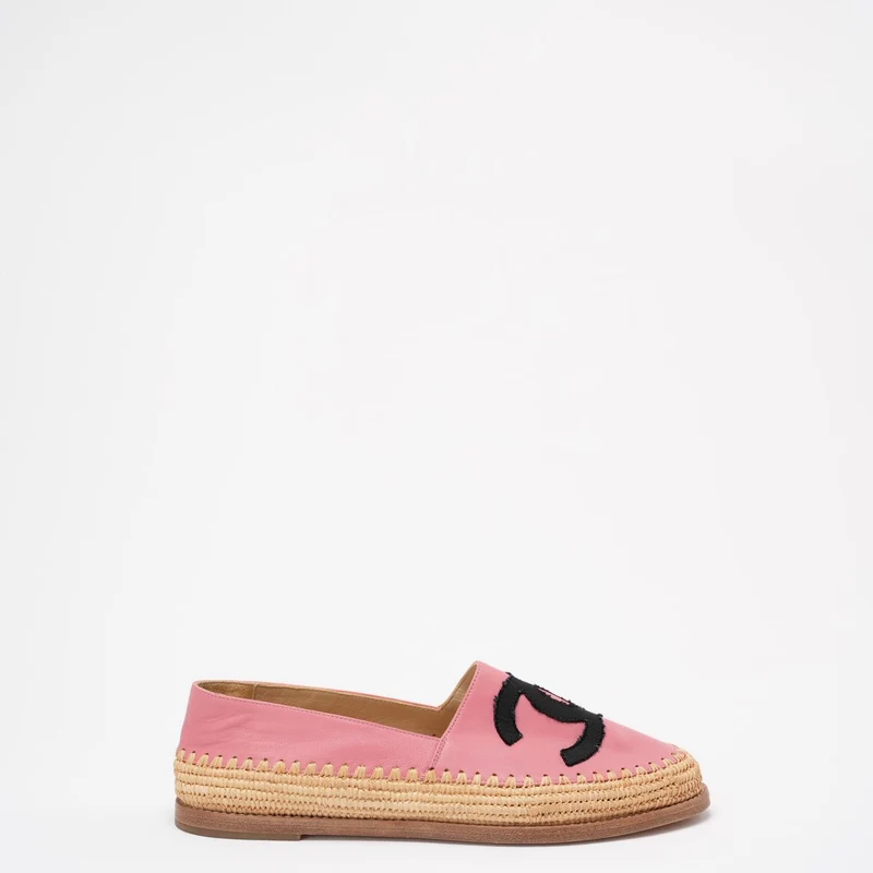 Chanel Pink / Schwarze CC Espadrille-Flats aus Lammleder, Größe 38