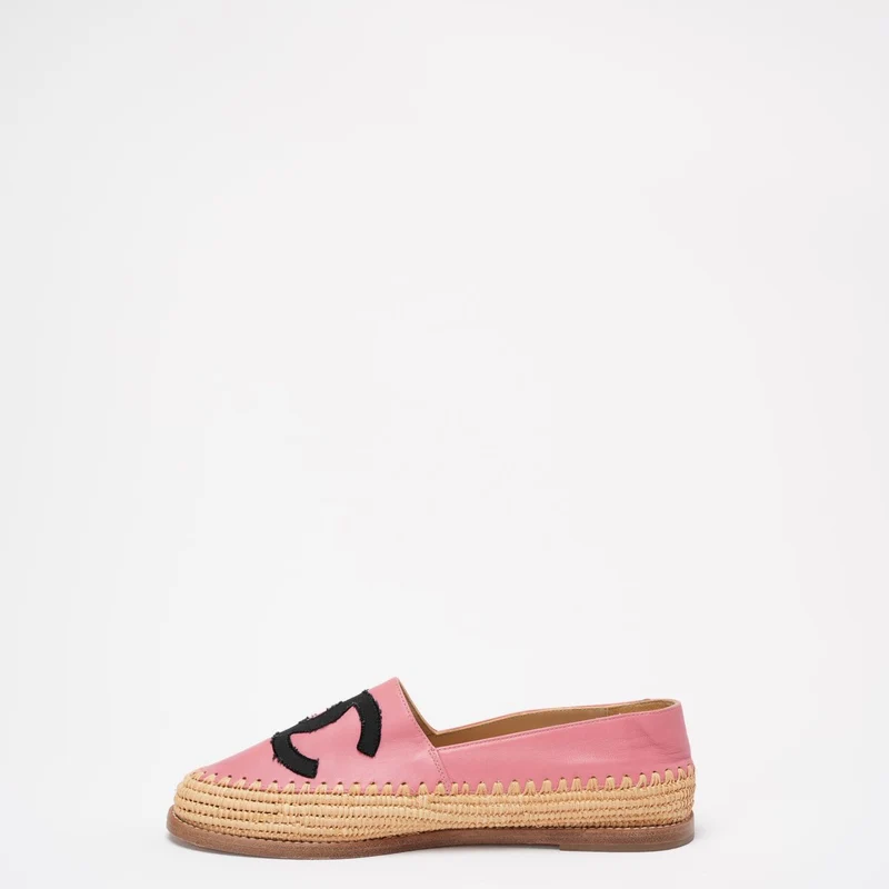 Chanel Pink / Schwarze CC Espadrille-Flats aus Lammleder, Größe 38
