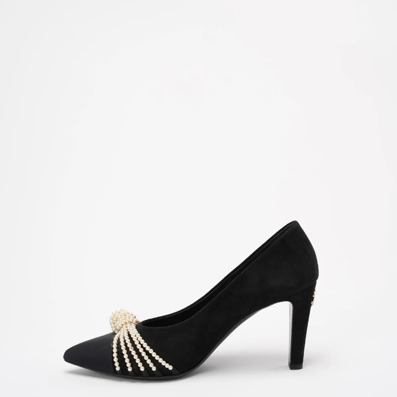 Chanel Pumps aus schwarzem Wildleder mit Perlen-Ripsband, Größe 38½