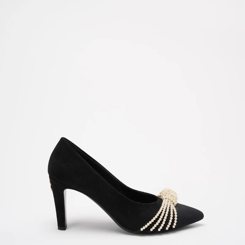 Chanel Pumps aus schwarzem Wildleder mit Perlen-Ripsband, Größe 38½