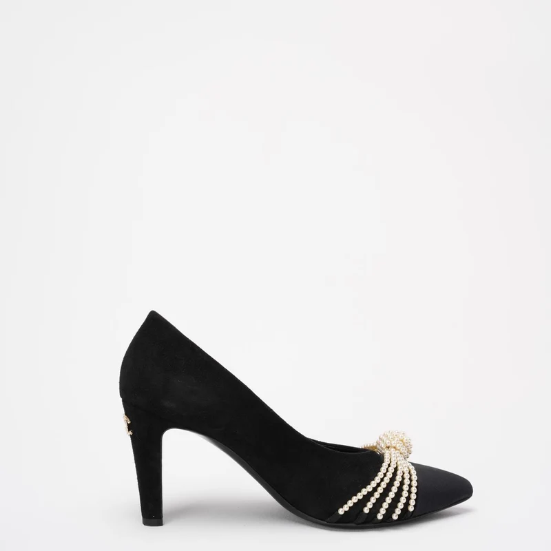 Chanel Pumps aus schwarzem Wildleder mit Perlen-Ripsband, Größe 38½