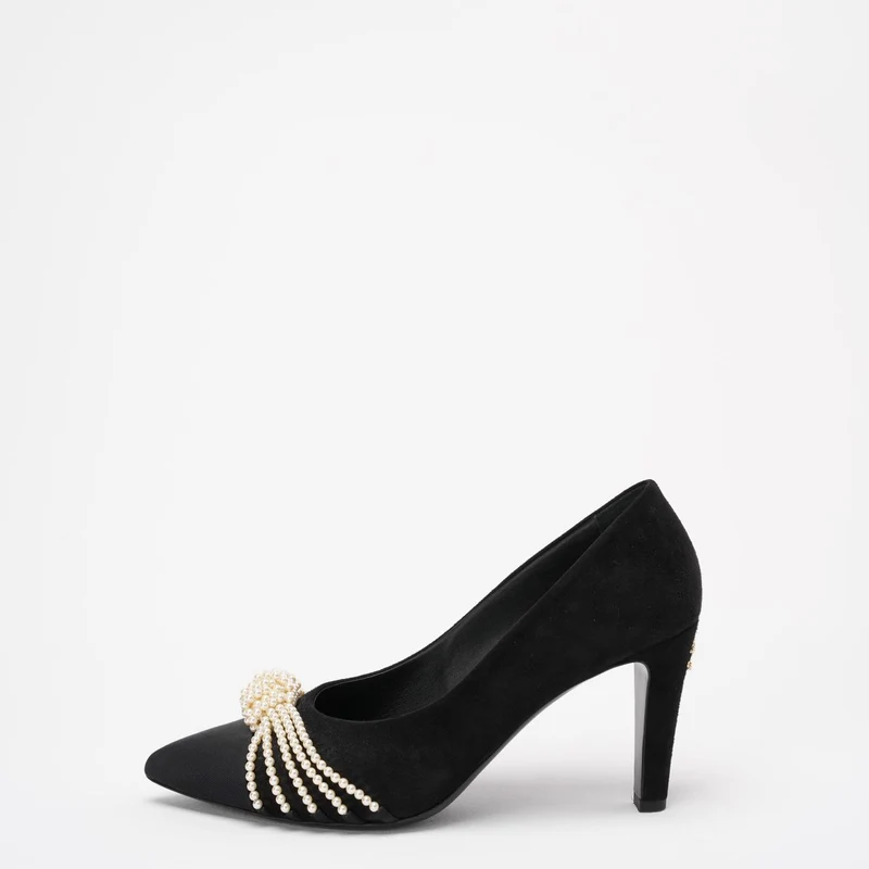 Chanel Pumps aus schwarzem Wildleder mit Perlen-Ripsband, Größe 38½