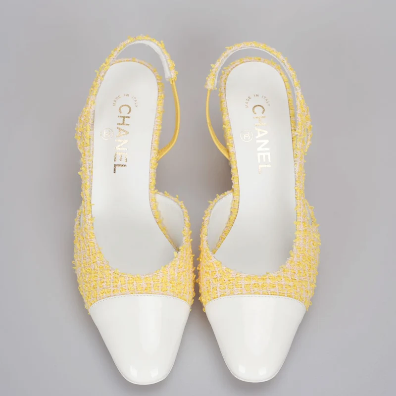 Chanel Tweed Slingback 39 hellgelbe Pumps mit CC-Logo