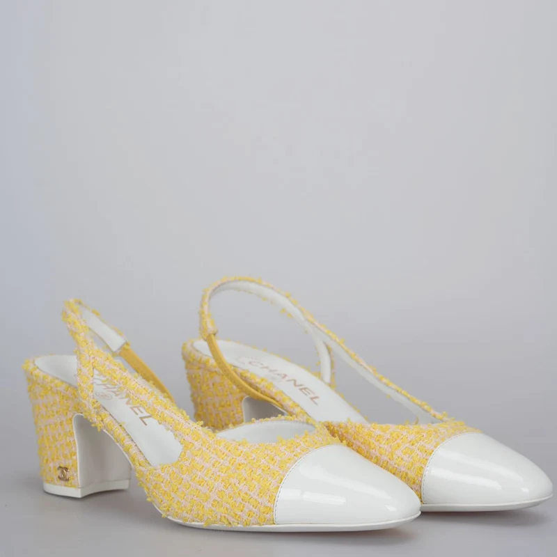 Chanel Tweed Slingback 39 hellgelbe Pumps mit CC-Logo