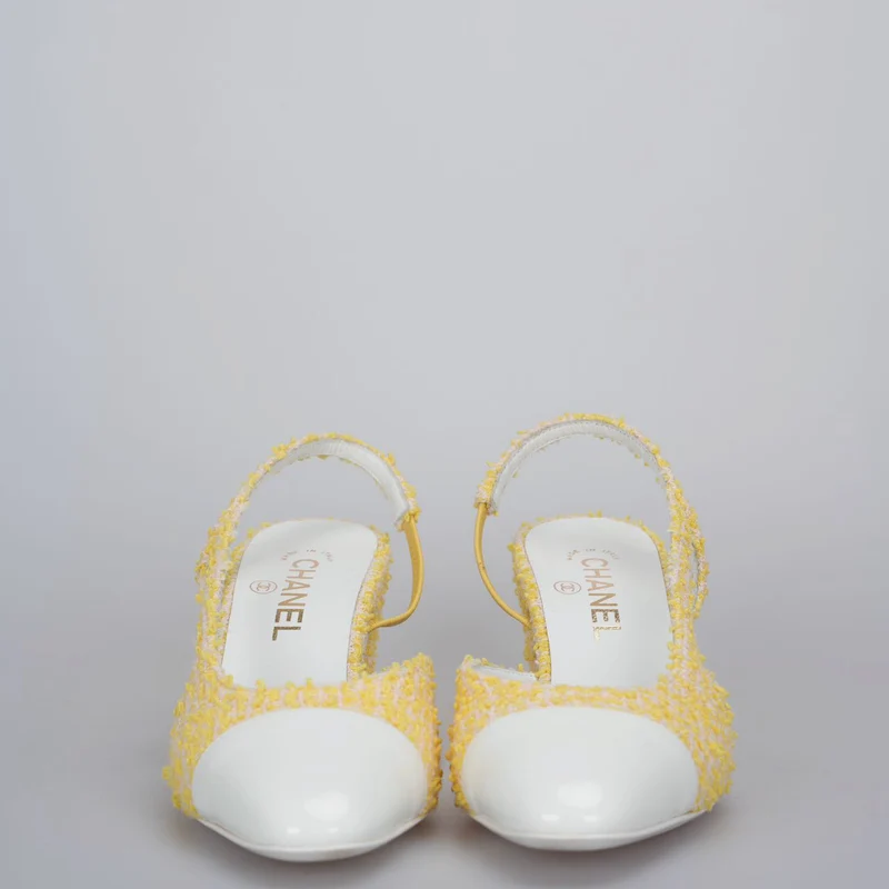 Chanel Tweed Slingback 39 hellgelbe Pumps mit CC-Logo
