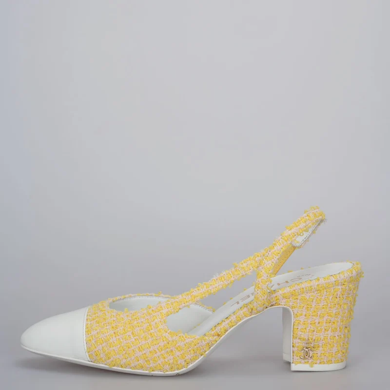 Chanel Tweed Slingback 39 hellgelbe Pumps mit CC-Logo