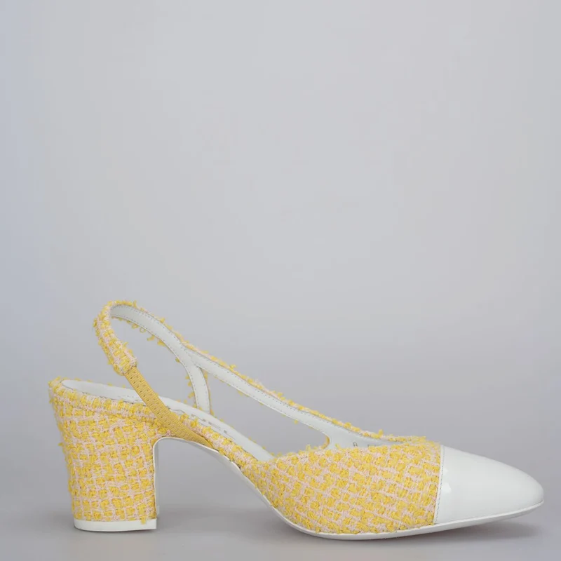 Chanel Tweed Slingback 39 hellgelbe Pumps mit CC-Logo