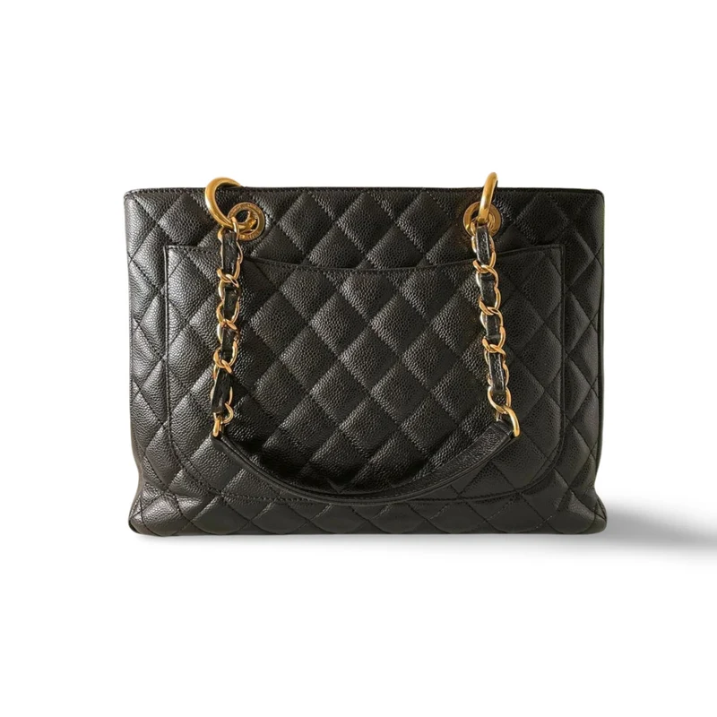 Chanel Grand Shopper Tote aus schwarzem Cavier-Leder mit goldener Hardware