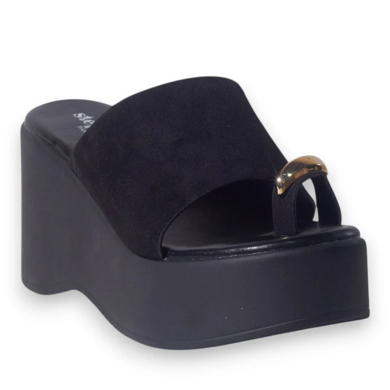 Europeon Union Women Black Chamois Wedges #5151