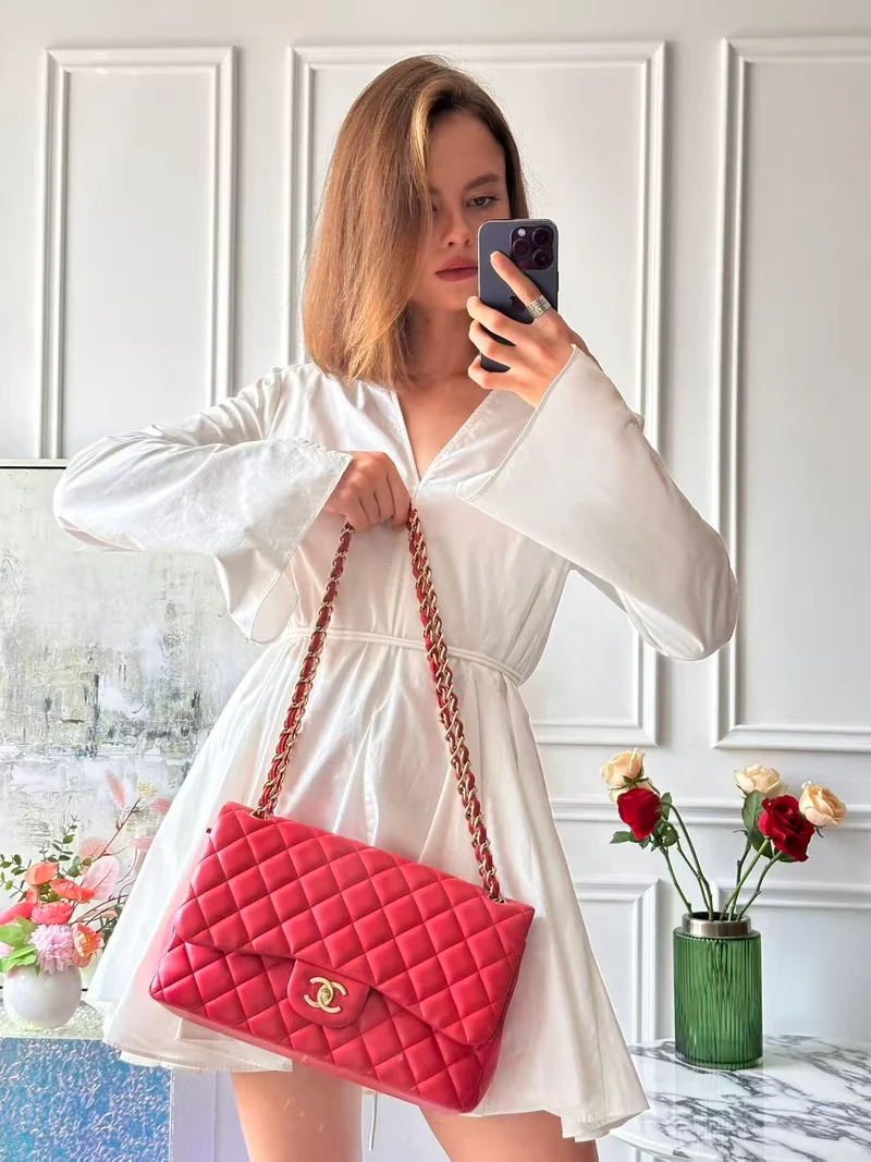 Chanel Timeless Classic Double Flap Jumbo Bag Rotes Lammleder Preloved