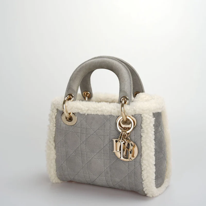 Christian Dior Lady Dior Gebraucht 2020 Mini Wildleder Shearling Cannage Lady Dior Umhängetasche