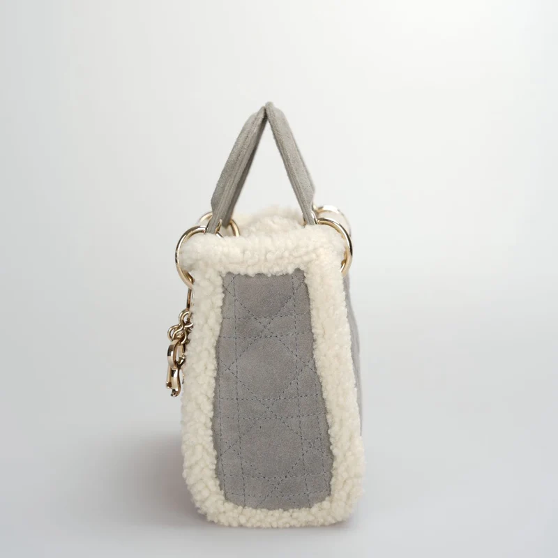 Christian Dior Lady Dior Gebraucht 2020 Mini Wildleder Shearling Cannage Lady Dior Umhängetasche