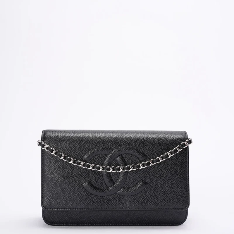Chanel Geldbörse mit Kette, großes CC-Logo, schwarzes Kaviarleder