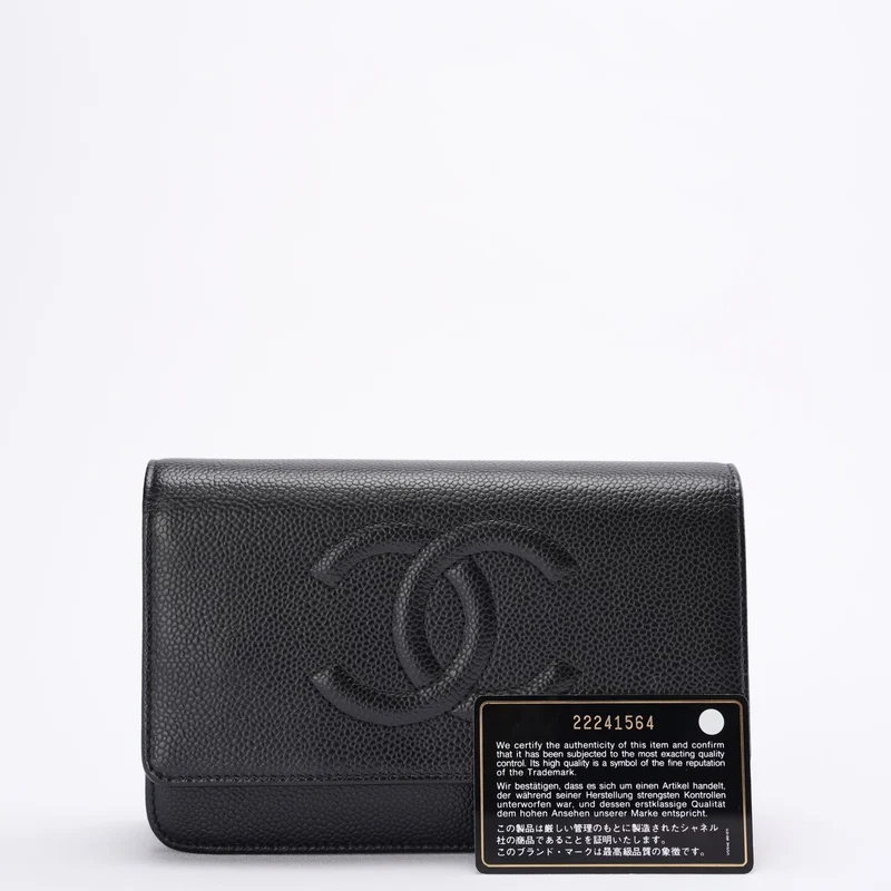 Chanel Geldbörse mit Kette, großes CC-Logo, schwarzes Kaviarleder