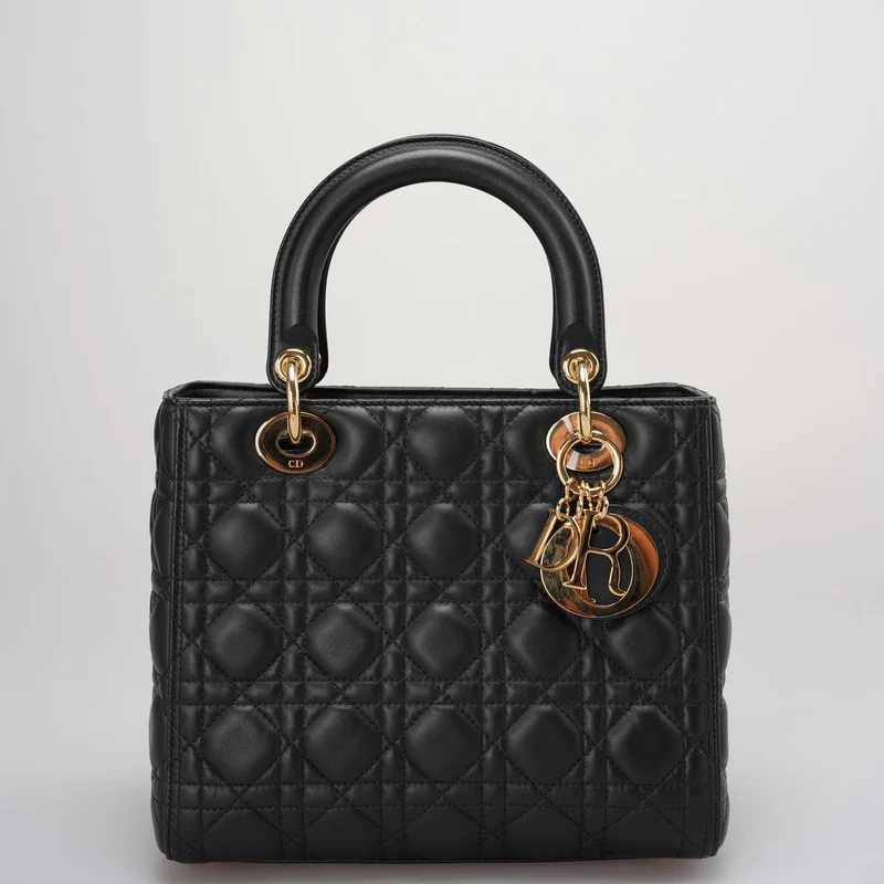 Dior Schwarze Lady Dior Tasche aus mittelgroßem Cannage-Lammleder mit goldenen Beschlägen ab 2016
