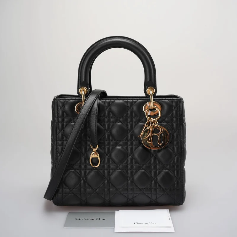 Dior Schwarze Lady Dior Tasche aus mittelgroßem Cannage-Lammleder mit goldenen Beschlägen ab 2016