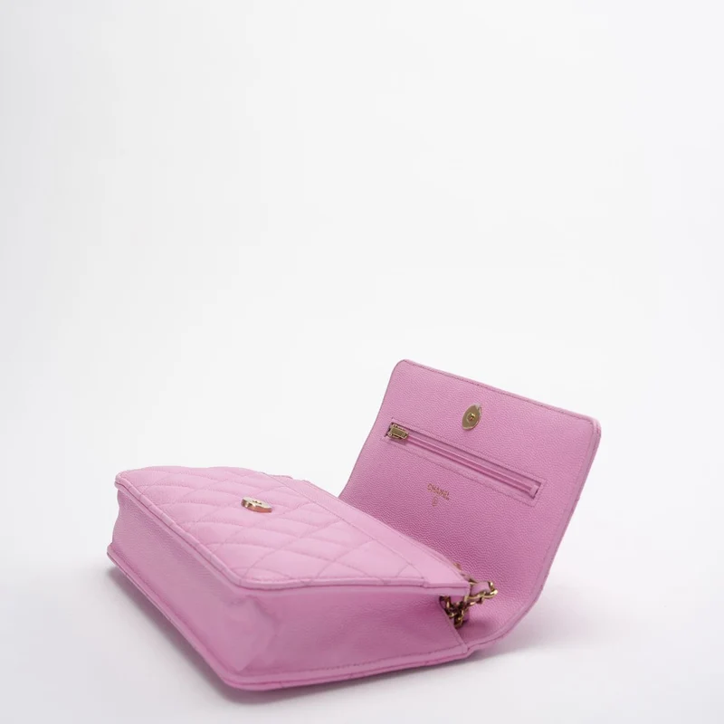 Chanel Geldbörse mit Kette in Rosa Kaviarleder Woc