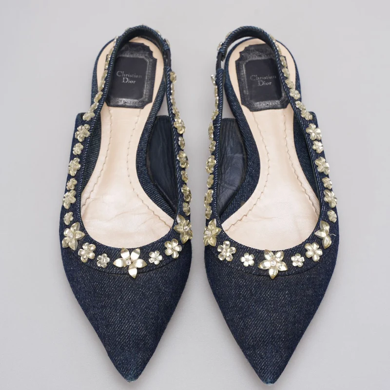 Christian Dior Denim Crystal Garland Slingback Flat Größe 36