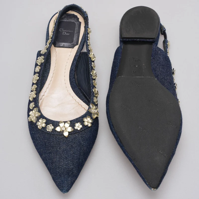 Christian Dior Denim Crystal Garland Slingback Flat Größe 36