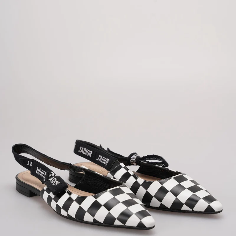 Christian Dior J'Adior Slingback-Ballerinas aus Kalbsleder mit Karomuster in Schwarz und Weiß, Größe 37