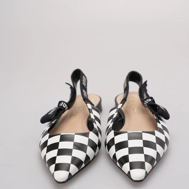 Christian Dior J'Adior Slingback-Ballerinas aus Kalbsleder mit Karomuster in Schwarz und Weiß, Größe 37
