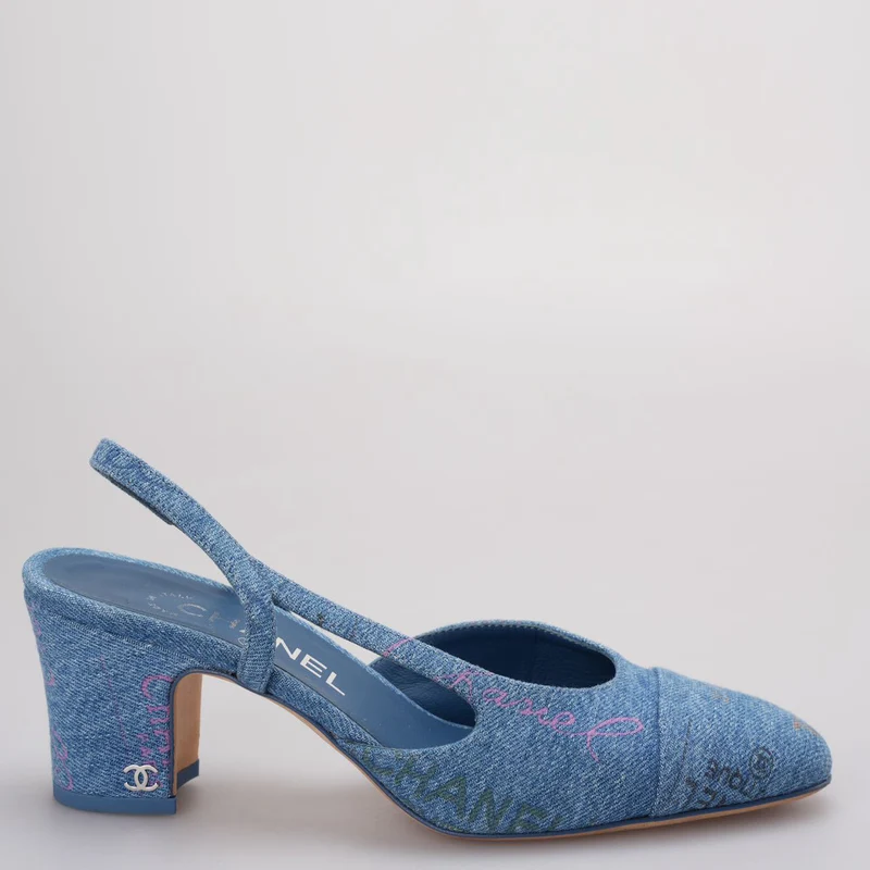 Chanel Denim Cap Toe CC Slingback-Pumps Hellblau & Mehrfarbig 36.5
