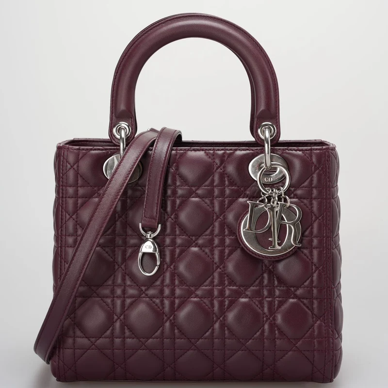 Christian Dior Burgunderrote Lady Dior Tasche aus Cannage-Lammleder mit silberner Hardware, Medium LP