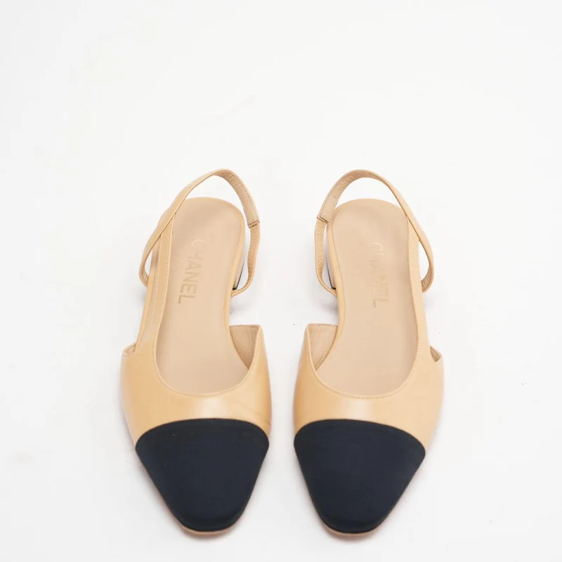 Chanel Beige / Schwarz Slingback Flache Sandalen Leder und Canvas Größe 38