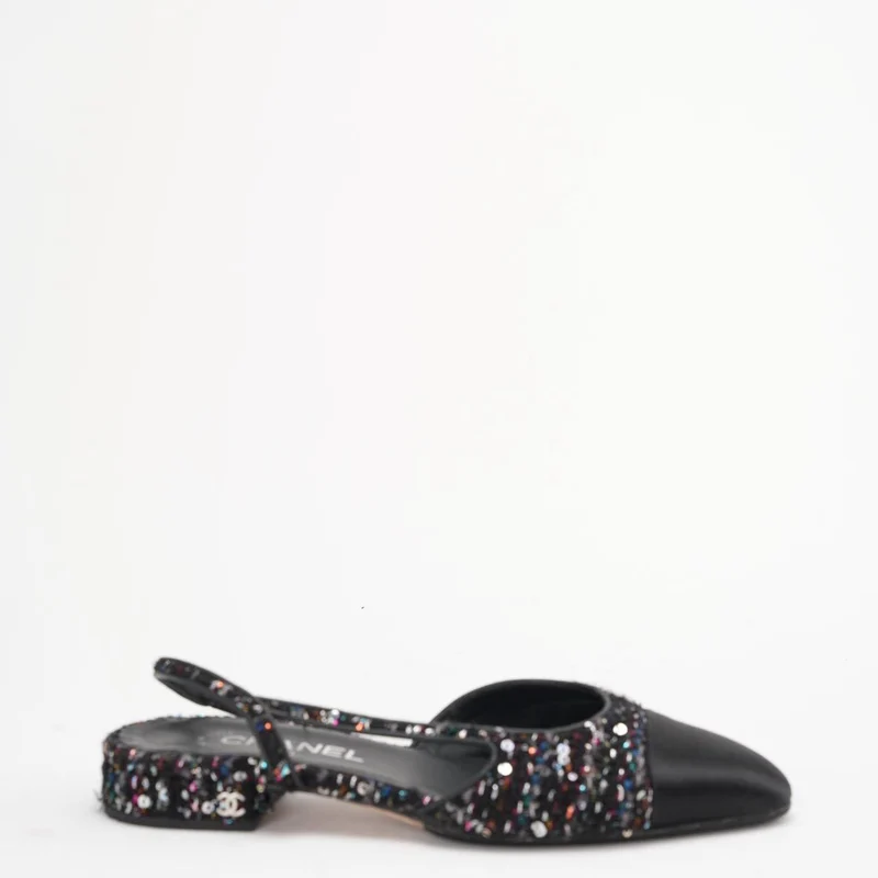 Chanel Schwarzer Slingback mit Pailletten und Kappe CC Glitzer-Tweed 38