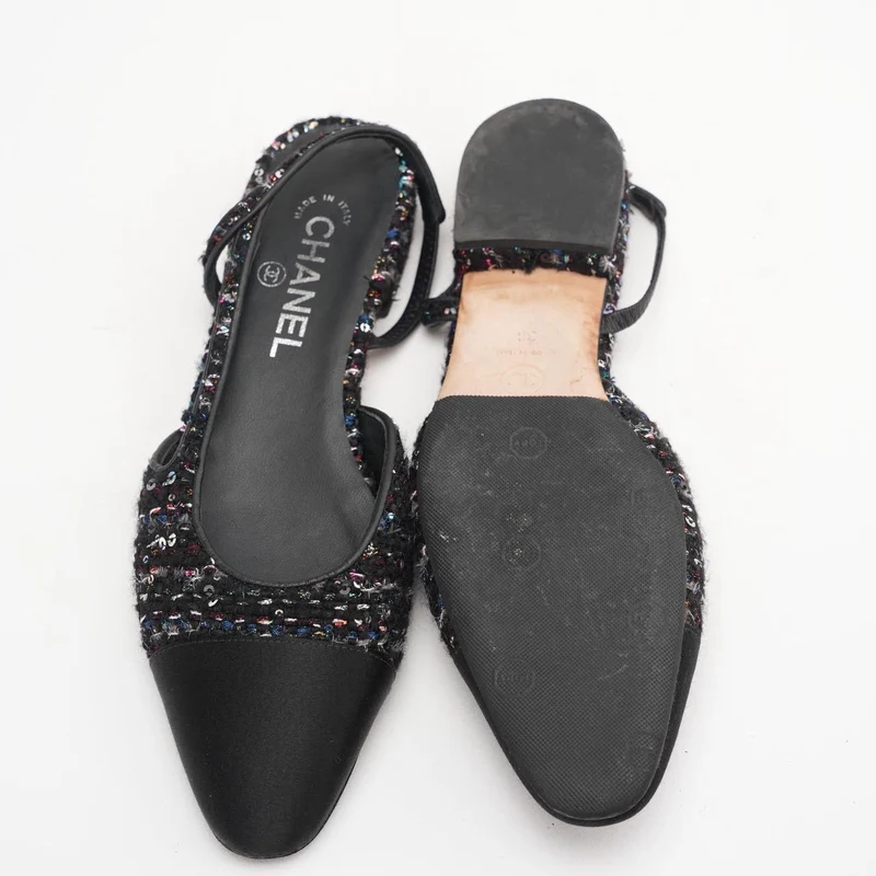 Chanel Schwarzer Slingback mit Pailletten und Kappe CC Glitzer-Tweed 38
