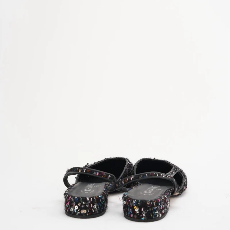Chanel Schwarzer Slingback mit Pailletten und Kappe CC Glitzer-Tweed 38