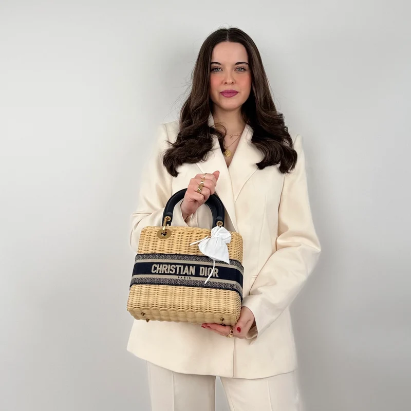 Christian Dior Lady Dior Tasche aus natürlichem Korbgeflecht/blauem schrägem Canvas mittlere Größe