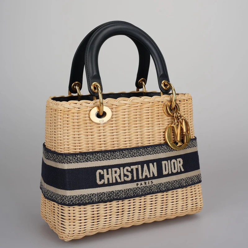 Christian Dior Lady Dior Tasche aus natürlichem Korbgeflecht/blauem schrägem Canvas mittlere Größe
