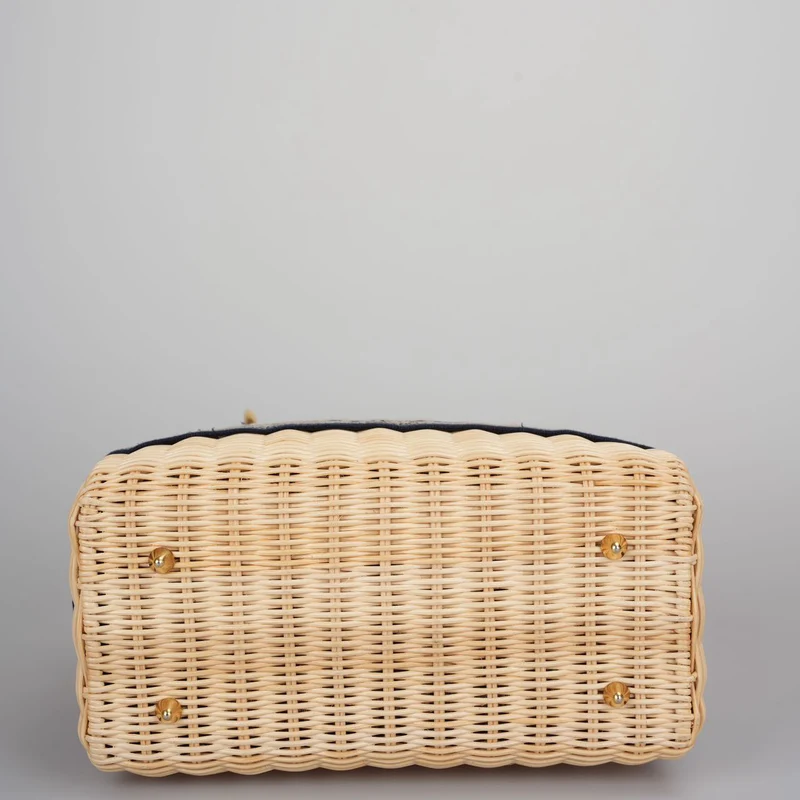 Christian Dior Lady Dior Tasche aus natürlichem Korbgeflecht/blauem schrägem Canvas mittlere Größe