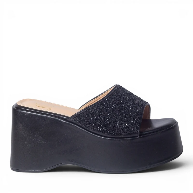 Europeon Union Women Black Glitter Wedges #4987