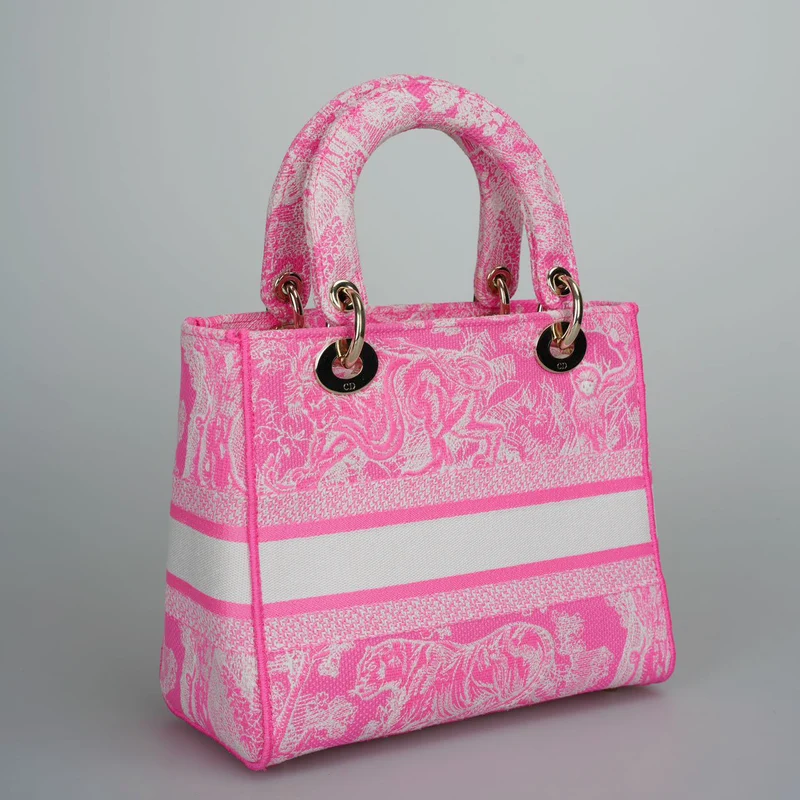 Christian Dior Canvas Toile De Jouy Reverse bestickte mittelgroße Lady D-Lite in fluoreszierendem Rosa