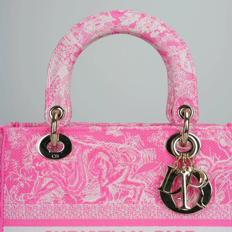Christian Dior Canvas Toile De Jouy Reverse bestickte mittelgroße Lady D-Lite in fluoreszierendem Rosa