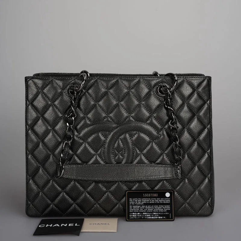 Chanel Grand Shopping Tote Schwarze GST-Tasche aus Kaviarleder mit schwarzer Hardware