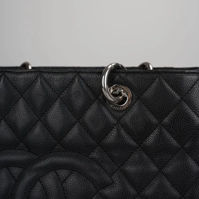 Chanel Black Grand Shopping Tote Schwarze GST Tasche in Kaviar in Silber 2012