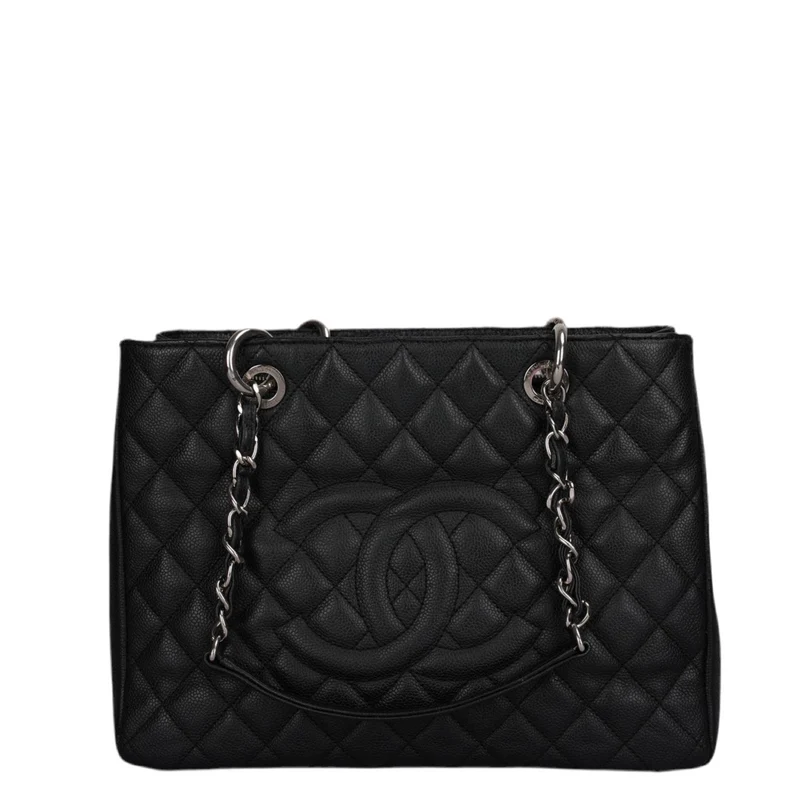 Chanel Black Grand Shopping Tote Schwarze GST Tasche in Kaviar in Silber 2012