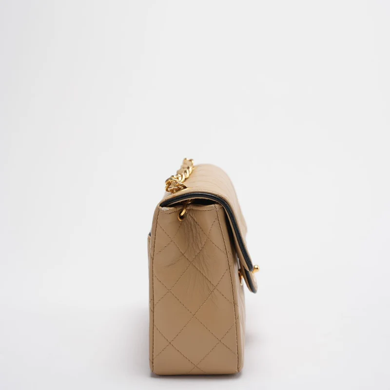Chanel Vintage Classic/Timeless Mini Square Flap 11.12 Tasche in Beige-Schwarz mit 24 Karat Goldbeschlägen