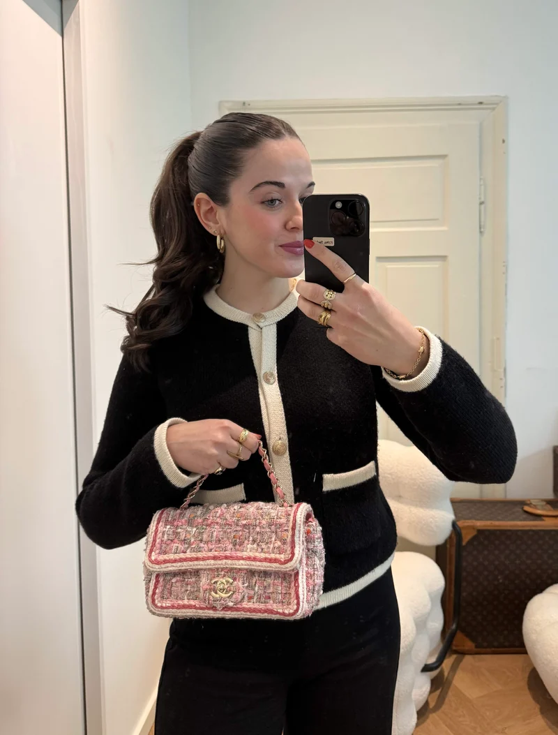 Chanel Tweed Classic Mini Flap Rechtecktasche in Weiß und Pink mit goldenen Beschlägen