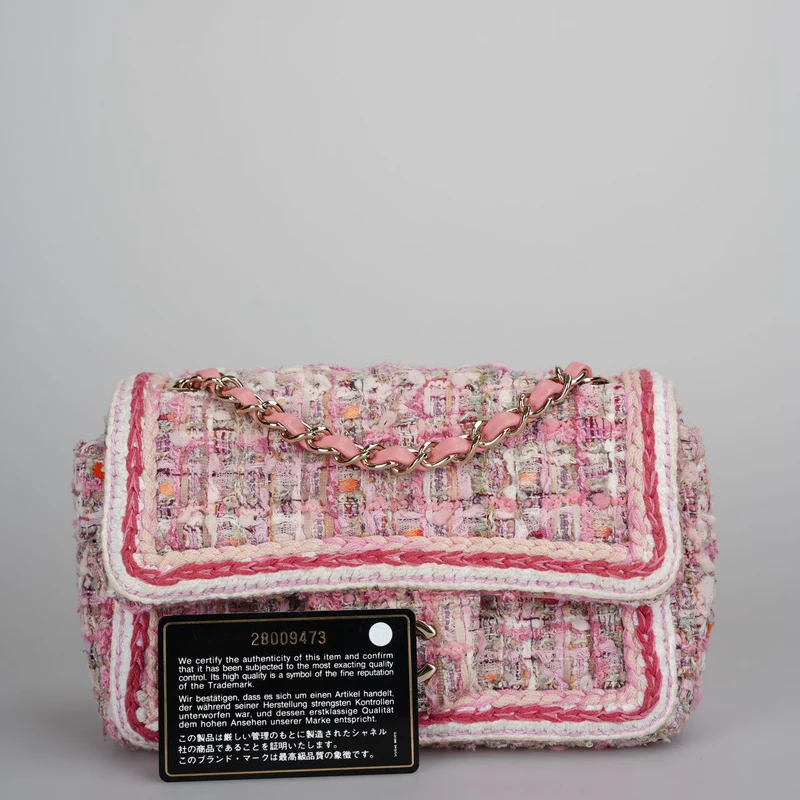 Chanel Tweed Classic Mini Flap Rechtecktasche in Weiß und Pink mit goldenen Beschlägen