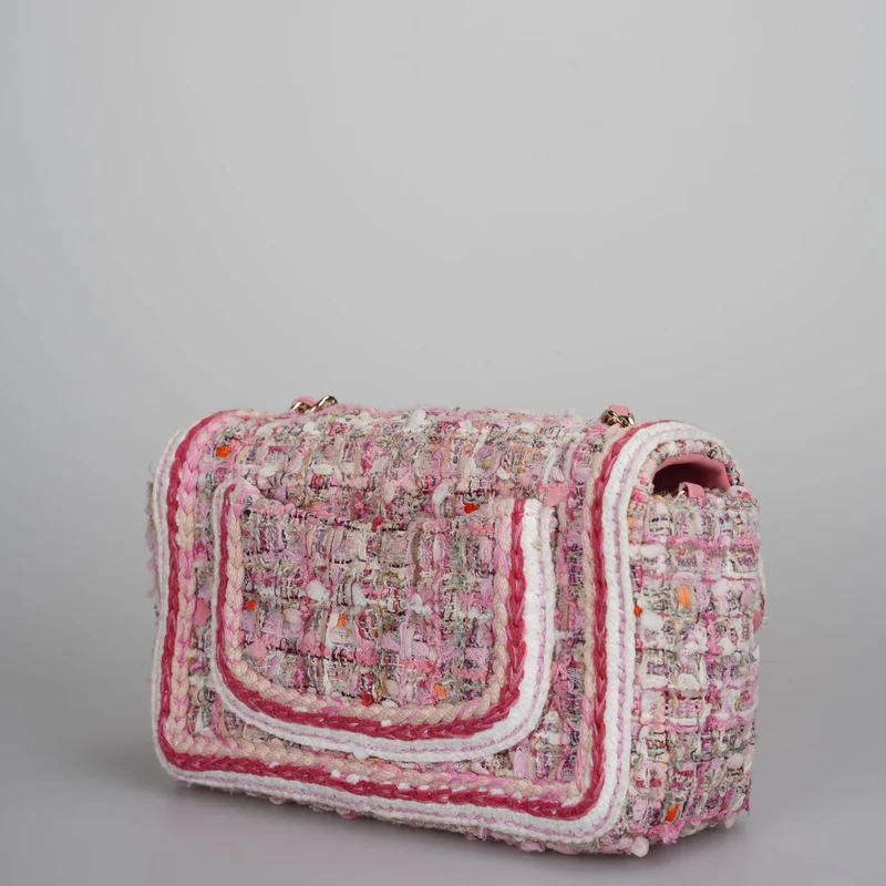 Chanel Tweed Classic Mini Flap Rechtecktasche in Weiß und Pink mit goldenen Beschlägen