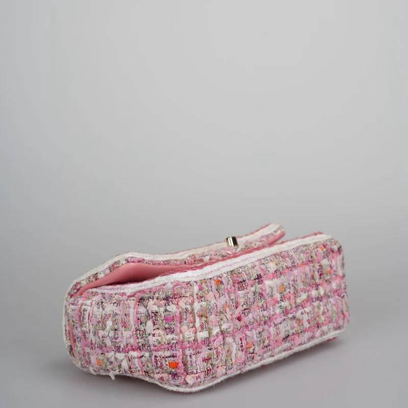 Chanel Tweed Classic Mini Flap Rechtecktasche in Weiß und Pink mit goldenen Beschlägen