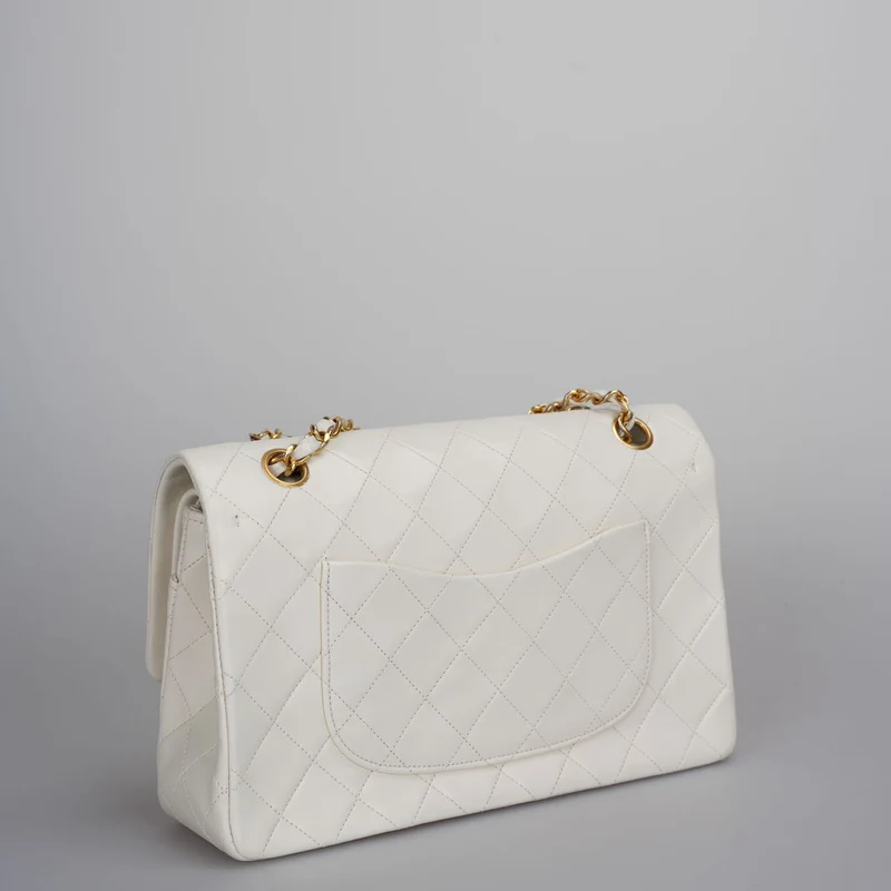 Chanel Vintage Weiße klassische Doppel-Flap-Tasche mit 24 Karat Goldbeschlägen