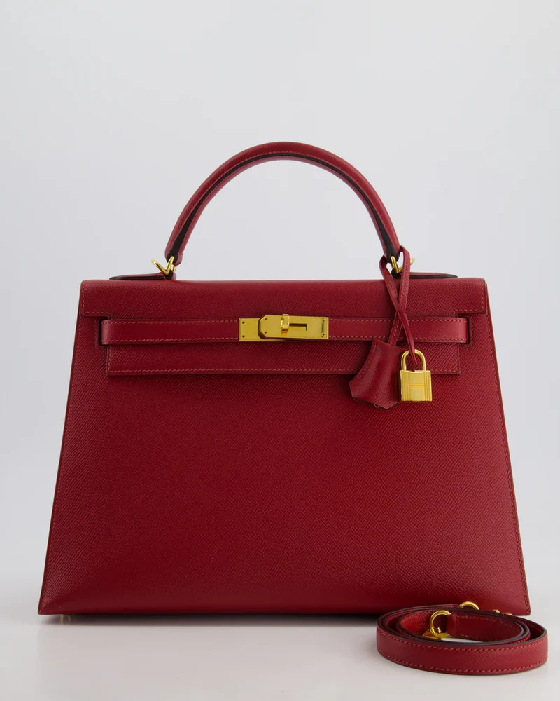 Hermes Kelly 32cm Sellier Tasche aus dunkelrotem Epsom-Leder mit goldenen Beschlägen
