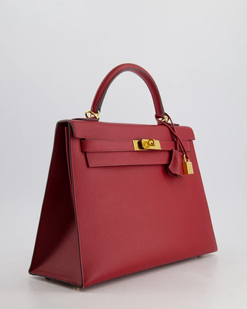 Hermes Kelly 32cm Sellier Tasche aus dunkelrotem Epsom-Leder mit goldenen Beschlägen